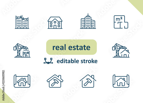 Real estate icons. House, buildings, home vector icon set