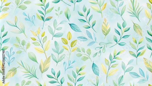 Wallpaper Mural Serene Watercolor Botanical Print A Delicate Pattern of Pastel Green and Yellow Leaves and Branches on a Light Blue Background Torontodigital.ca