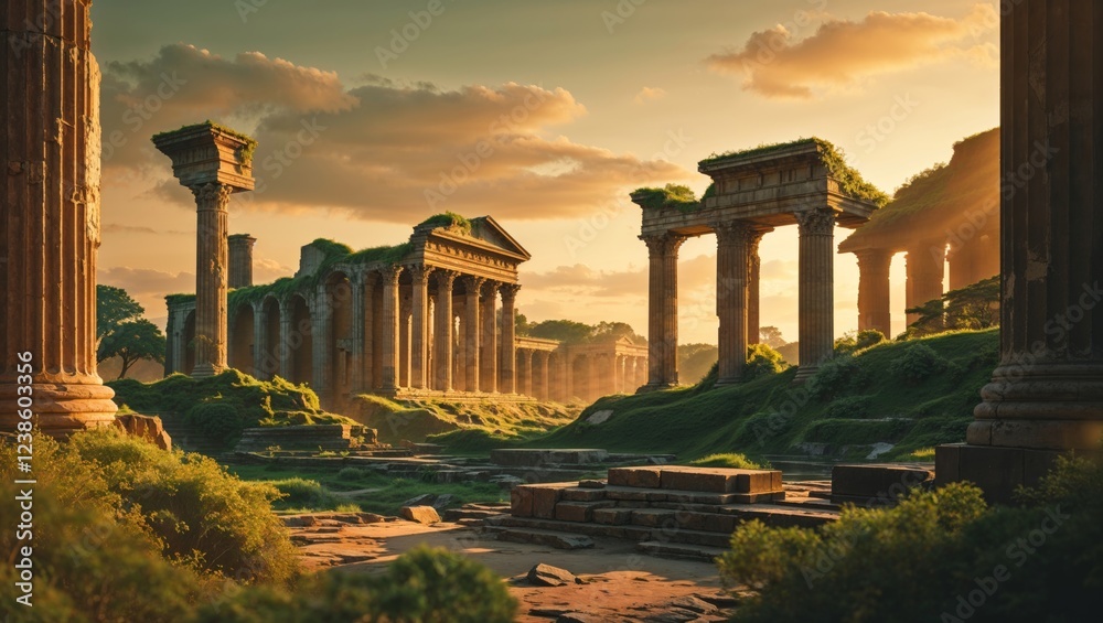 Fototapeta premium Ancient ruins surrounded by lush greenery at sunset in tranquil landscape