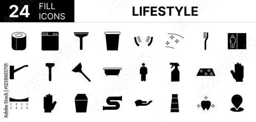 Collection of 24 Lifestyle fill icons featuring editable strokes. These outline icons depict various modes of Lifestyle, icon, vector, illustration, bath, WC, robe, boob, shower, bathroom, clean, hand