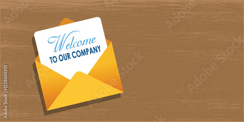 Welcome to our office mail paper in wooden desk. Business communication vector illustration design background photo