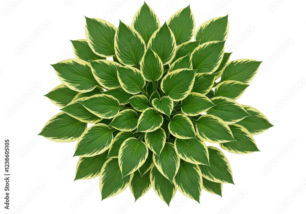 Fototapeta premium Lush green hosta plant leaves with cream-colored edges, isolated on white background