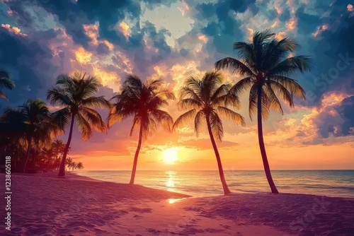 Tropical Beach Sunset with Silhouetted Palm Trees and Warm Tones