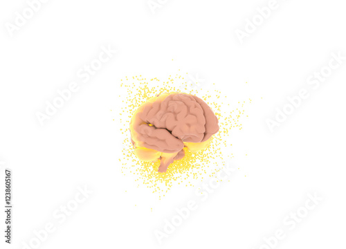 3D rendered human brain with glowing yellow neural activity and dynamic particle effect, isolated on transparent background, neuroscience and AI concept