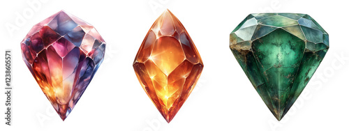 Set of three colorful magic crystal gems. Diamond gemstone isolated transparent background