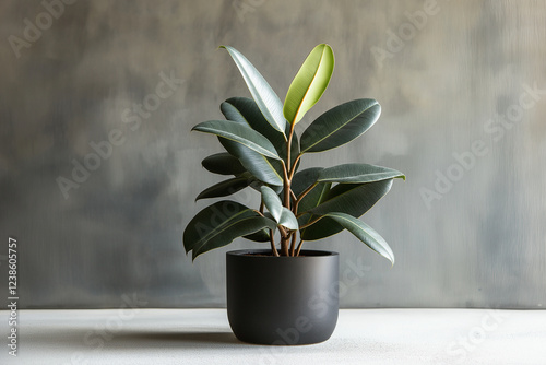 A small potted plant with green leaves sits on a grey surface