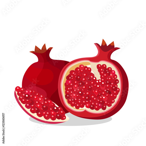 November is National Pomegranate Month poster vector illustration. Juicy fresh pomegranate fruit icon vector. Whole and halved pomegranate drawing. Template for background.