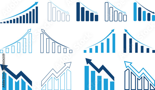 Blue growing icon set. Growing bar graph. Growths chart collection.  growth chart height, growth chart infographic, growth chart, financial growth chart, growth business success diagram arrow icon.