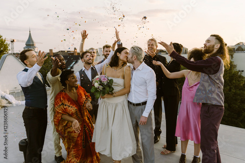 Happy wedding guests throwing confetti on newlywed couple kissing on rooftop during wedding celebration photo