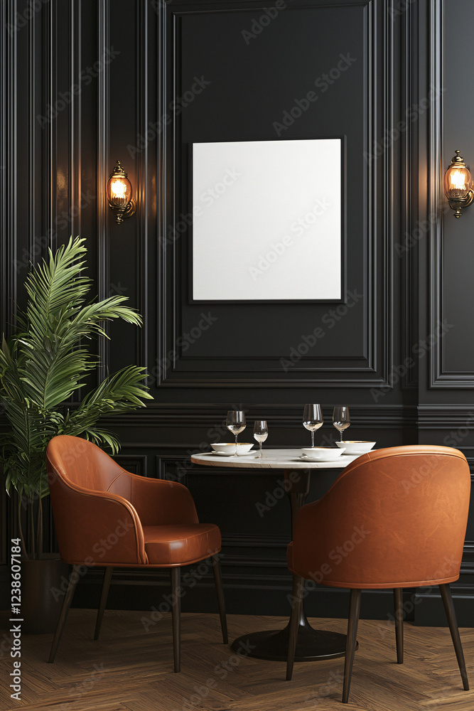 A mockup of a white canvas photo in a 2:3 format, elegantly hanging on a dark wall, creating a minimalist and serene atmosphere. A mockup of a white canvas photo in a 2:3 format, elegantly hanging on a dark wall, creating a minimalist and serene atmosphere.