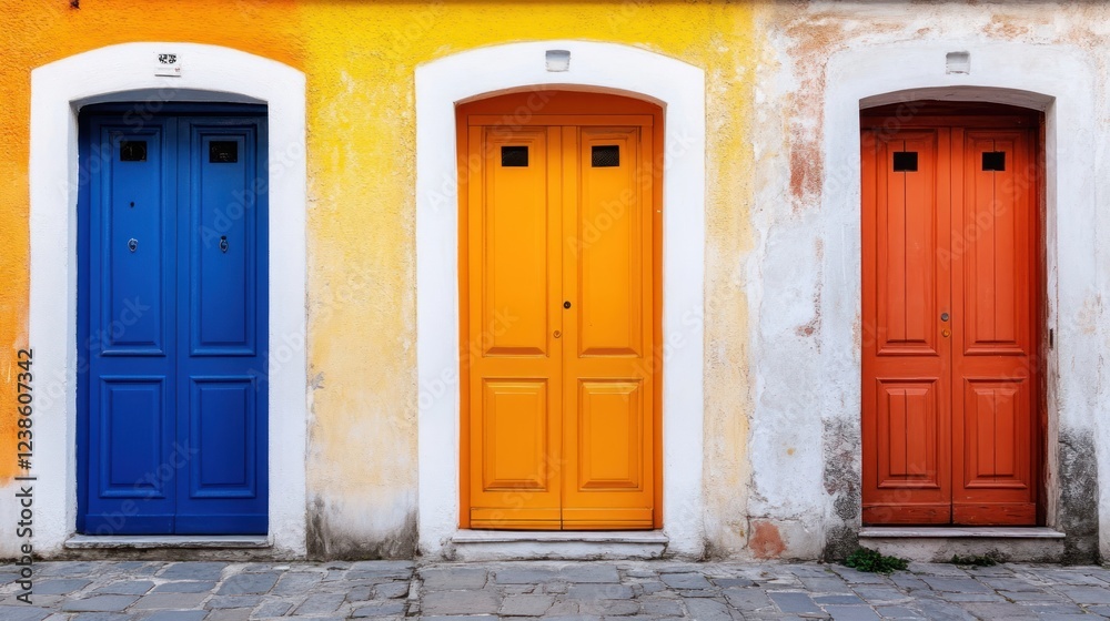 Three Vibrant Doors Adorn A Yellow Building Wall Three Vibrant Doors Adorn A Yellow Building Wall