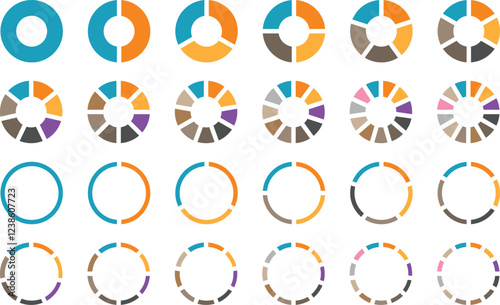 Pie chart set, segmented circle icons, circle diagram. Pie chart divided 1,2,3,4,5,6 equal parts. Infographic wheel segment or sections parts. Vector illustration	