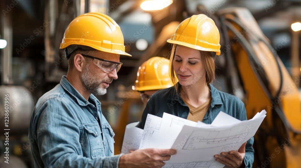 Two construction workers in yellow helmets review blueprints in an industrial setting, discussing plans and collaborating on a project. Two construction workers in yellow helmets review blueprints in an industrial setting, discussing plans and collaborating on a project.