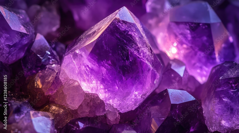 Close-Up of Stunning Amethyst Crystals Glimmering with Vibrant Purple Hues and Intricate Facets, Perfect for Nature, Gemstone, and Mineral Photography Close-Up of Stunning Amethyst Crystals Glimmering with Vibrant Purple Hues and Intricate Facets, Perfect for Nature, Gemstone, and Mineral Photography