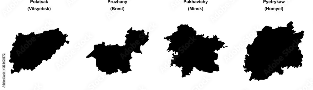 Polatsak, Pruzhany, Pukhavichy, Pyetrykaw outline maps Polatsak, Pruzhany, Pukhavichy, Pyetrykaw outline maps