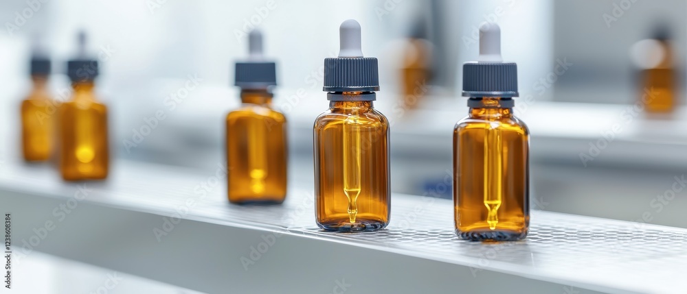 A row of amber glass bottles with droppers, neatly arranged on a conveyor belt in a factory setting. A row of amber glass bottles with droppers, neatly arranged on a conveyor belt in a factory setting.
