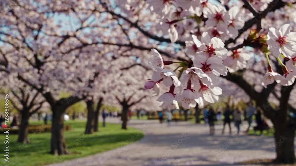 Cherry blossoms in full bloom as people enjoy a vibrant spring day in the park Cherry blossoms in full bloom as people enjoy a vibrant spring day in the park