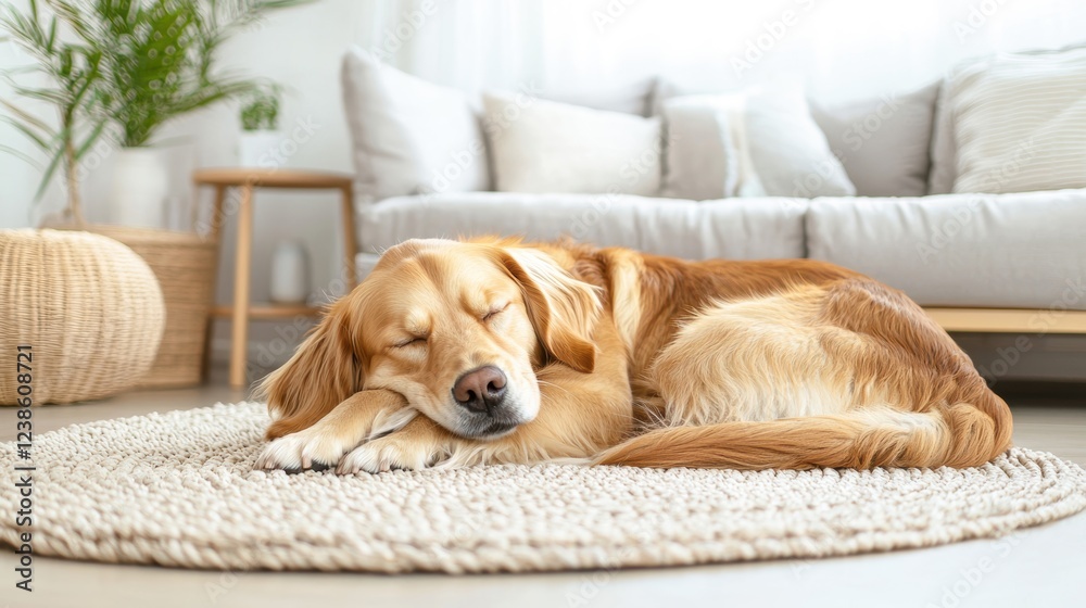 A golden retriever sleeps peacefully on a cozy rug in a bright, modern living room, surrounded by soft furnishings and natural light. A golden retriever sleeps peacefully on a cozy rug in a bright, modern living room, surrounded by soft furnishings and natural light.