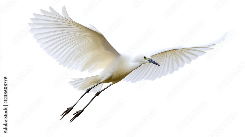 Obraz premium White heron flying with wide open wings on white background