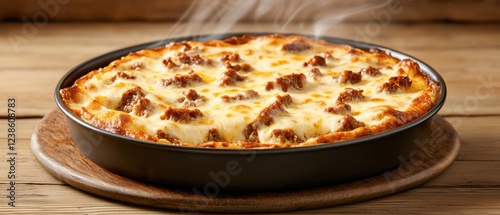 A delicious, steaming dish of baked lasagna with rich layers of cheese and meat, presented in a round baking pan on a wooden surface.