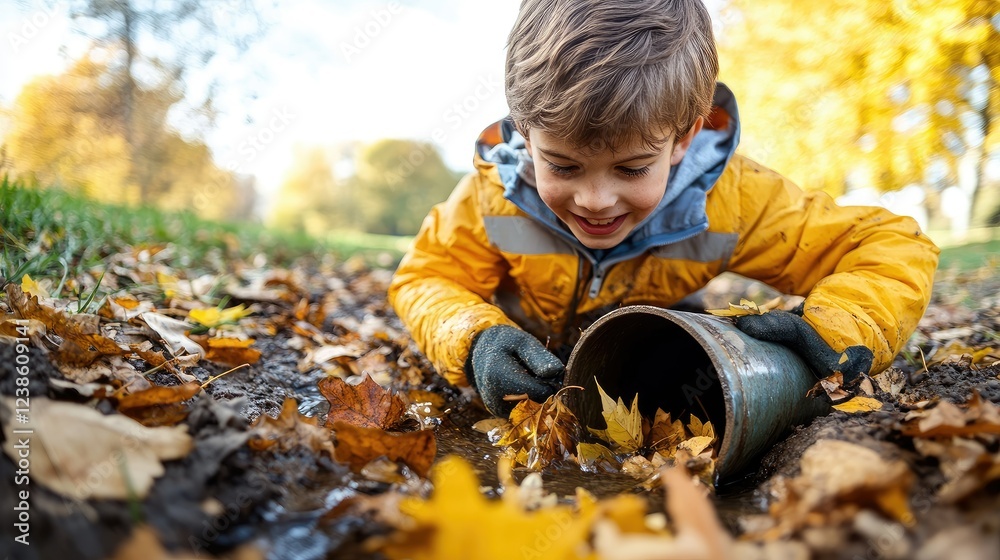Boy collecting autumn leaves near a stream Boy collecting autumn leaves near a stream