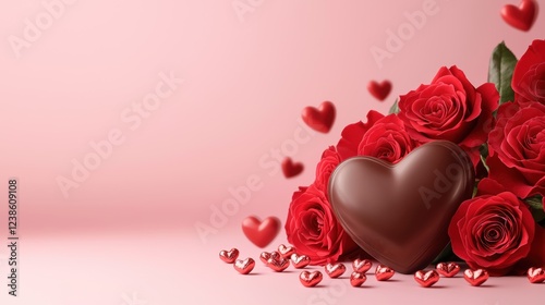A bouquet of red roses with a chocolate heart and small hearts scattered, creating a romantic and festive atmosphere.