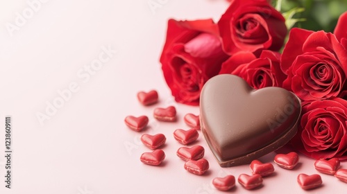 A romantic arrangement of red roses, chocolate hearts, and smaller candy hearts, perfect for expressing love on special occasions.