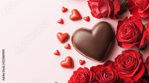 A romantic arrangement of red roses and heart-shaped chocolates on a soft background, perfect for expressing love and affection.