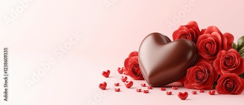 A romantic arrangement featuring a chocolate heart surrounded by red roses on a soft pink background, ideal for expressing love and affection.