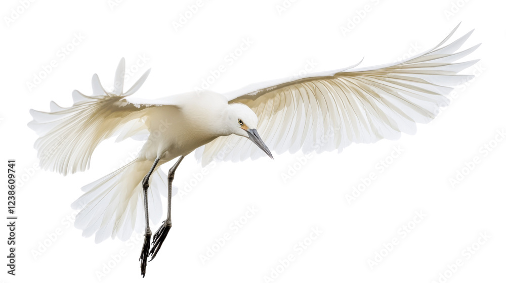 Fototapeta premium Snowy egret flying with open wings on transparent background