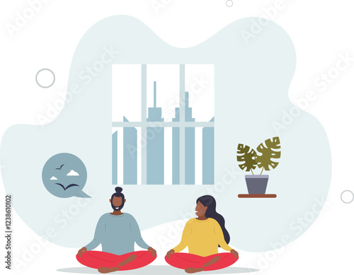 Employee wellness program or company stress free activity.Yoga or meditation in workplace or office for worker satisfaction, health.flat characters.