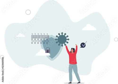 Data privacy and protection for safe private file storage.Information safety and network encryption as digital shield against attackers, hackers and crime.flat characters.