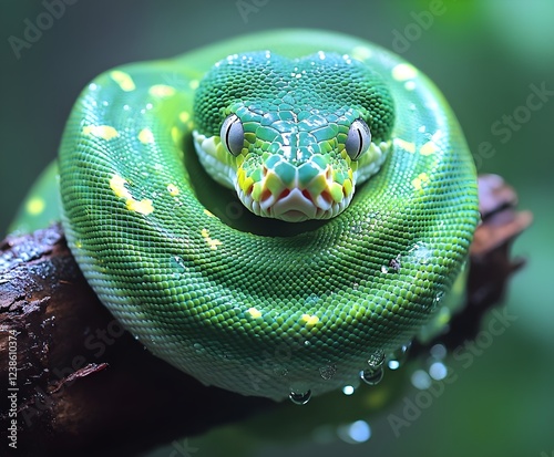 close up of a green snake Close-up of a green tree python on a branch in the wild photo