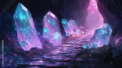 Wallpaper Mural Glowing crystals illuminate mystical cave path Soft purple pink light bathes scene. AI Generated Torontodigital.ca