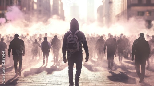 Hooded figure walks away from city protest, smoke, crowd