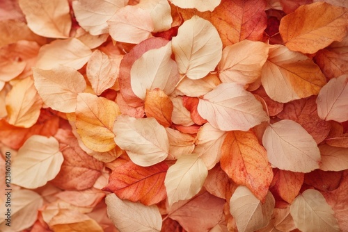 Autumn colored fallen leaves pile in warm tones