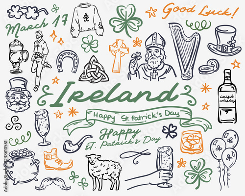 Ireland Whimsical Hand Drawn Set of Illustrations, Irish Symbols vector collection photo