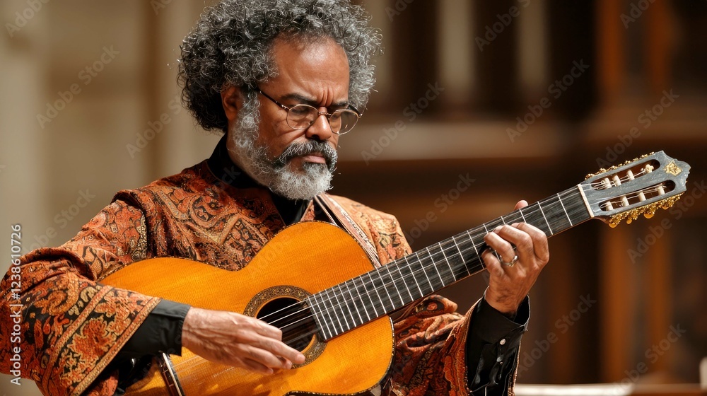 Obraz premium A Talented Guitarist Performing Classical Music on Stage: Musical Passion and Skill in a Captivating Concert
