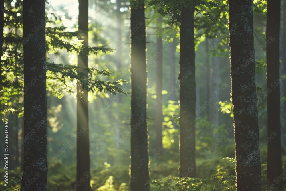 Obraz premium Serene sunlit forest with lush greenery and tall trees