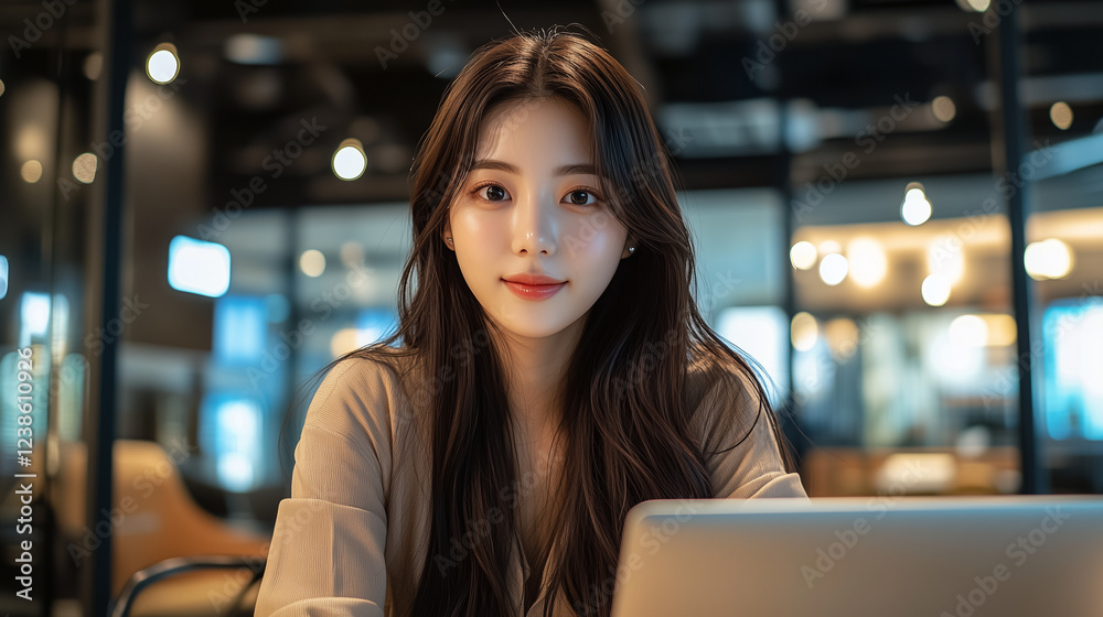 Young woman works on laptop in modern cafe during evening in busy urban setting Young woman works on laptop in modern cafe during evening in busy urban setting