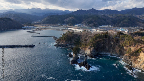 田老漁港と三王岩（空撮） - 岩手県宮古市田老,日本
