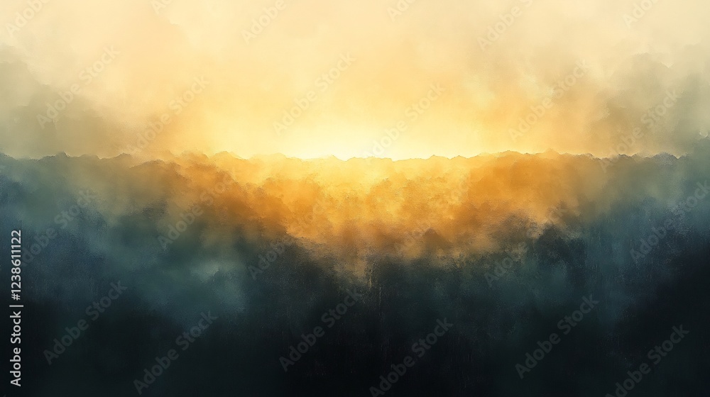 Naklejka premium Golden Sunrise Through Misty Mountains Dramatic Landscape. AI Generated