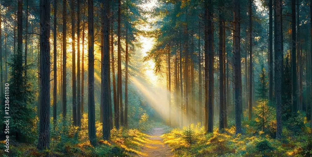 Fototapeta premium Tranquil Spring Forest with Sunlight Filtering through Pine Trees