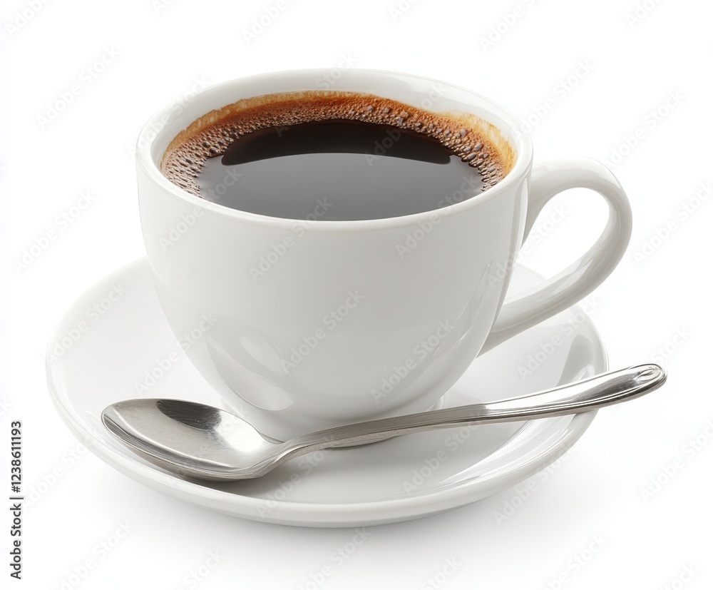 A steaming cup of black coffee sits on a white saucer with a silver spoon. The coffee is dark and rich, filling most of the cup. The image is simple A steaming cup of black coffee sits on a white saucer with a silver spoon. The coffee is dark and rich, filling most of the cup. The image is simple