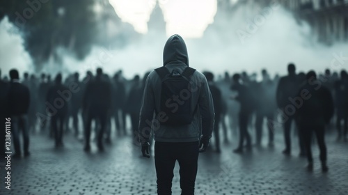 Obraz na płótnie Lone protester facing city riot, smoke, unrest w salonie
