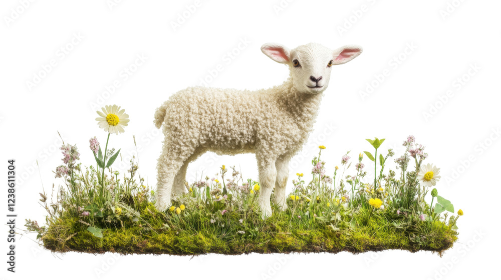 Lamb standing on grass patch with wildflowers and transparent background Lamb standing on grass patch with wildflowers and transparent background
