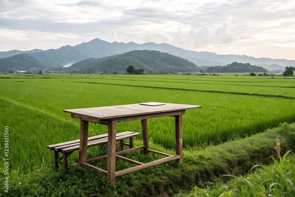 Picnic Table in Rice Paddy Field with Mountain View Picnic Table in Rice Paddy Field with Mountain View