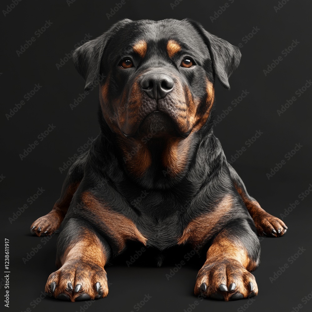 Fototapeta premium Realistic 3D Rottweiler Laying Down with Front Paws Extended