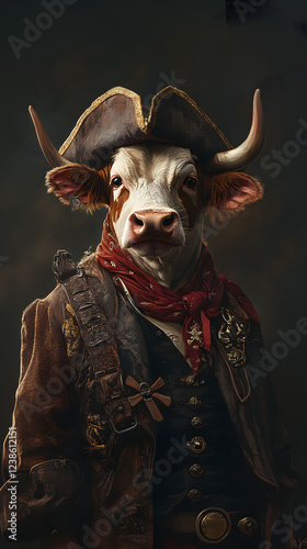 A Pirate Bull: A whimsical portrait of a cow dressed as a swashbuckling pirate, complete with hat, coat, and bandana.