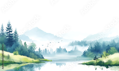 Tranquil watercolor landscape of blue mountains and lush forest reflected in calm lake under soft clouds. generative ai